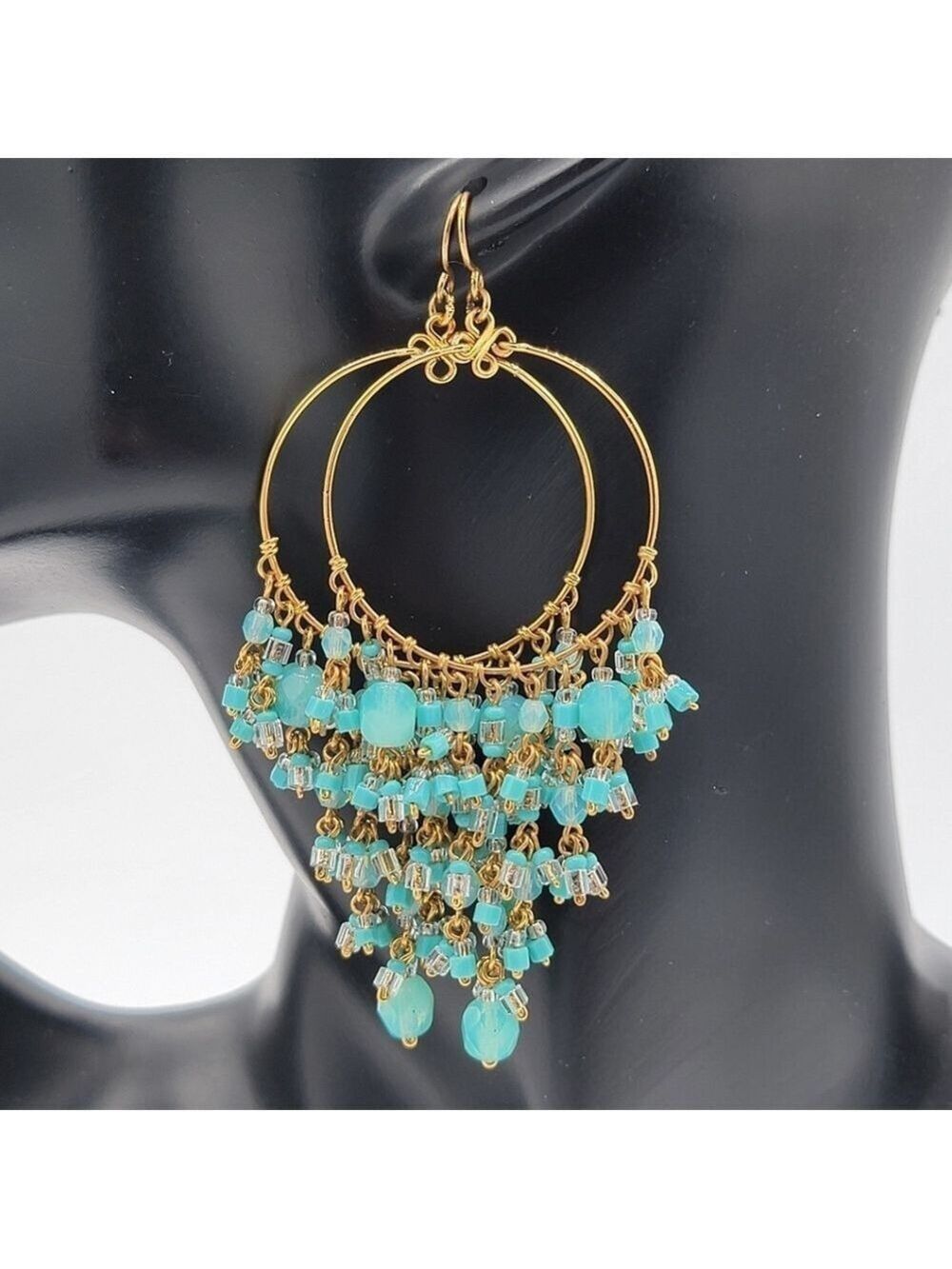 Turquoise Gold Tone Chandelier Earrings #2569